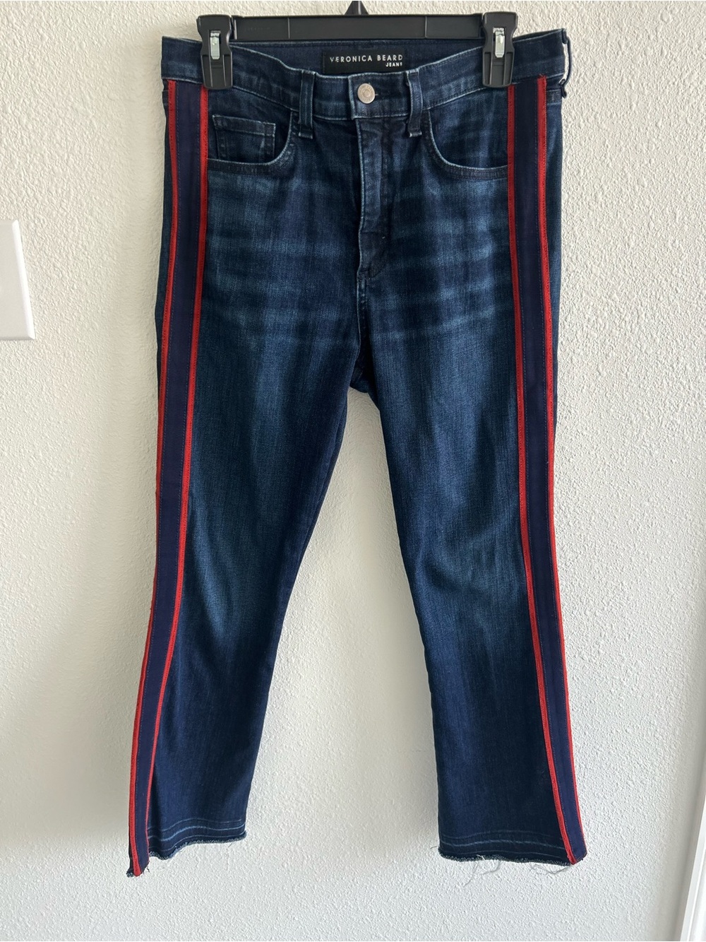 Veronica Beard Dark Blue Skinny Jeans with Red Side Stripes